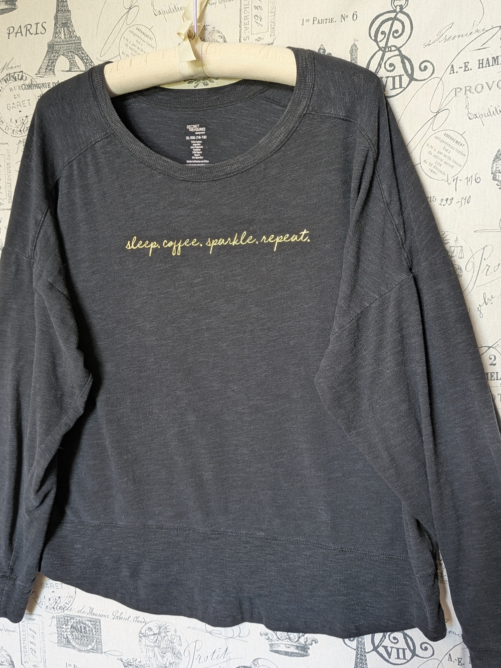 Sleep, Coffee, Sparkle, Repeat Charcoal Longsleeve T with Gold Script - Size XL